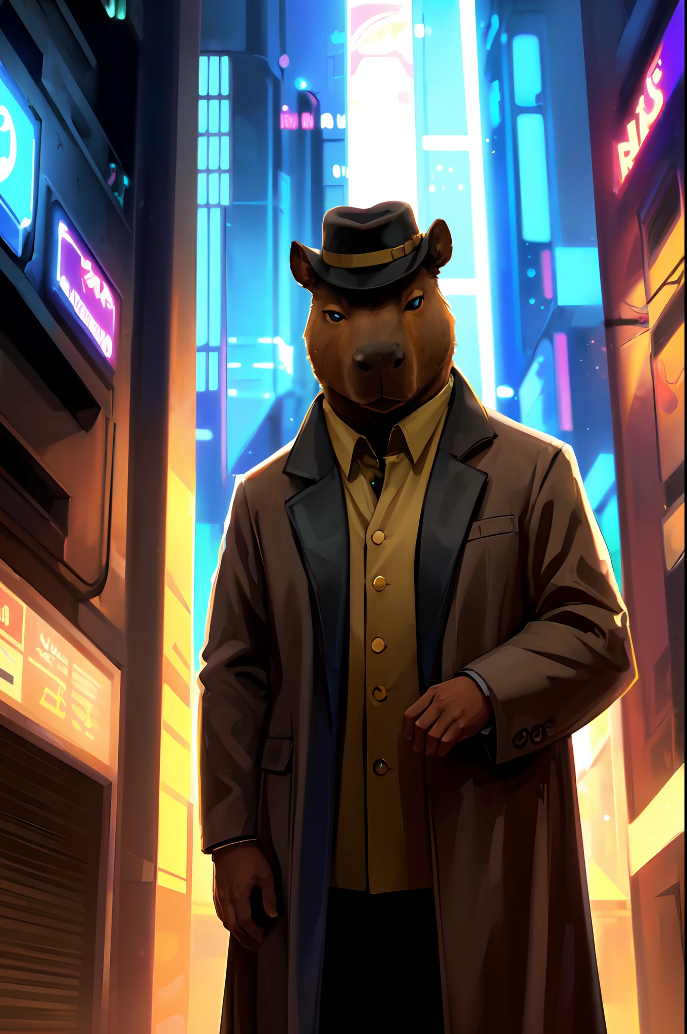 (anime), fofo, (sozinho:1.3); caverna, Cavepomorphic humanoid capybara, bipedal capybara, rechonchudo, He's a detective, wearing a hat, usando um trenchcoat, with head down, leaning against the wall; ((looking-into-camera)), Pov, (Front view), Standing; a spaceport on top of a building, CIDADE CYBERPUNK, Naves espaciais e carros voadores ao fundo, ao ar livre; (Personagem original, Volumetric lighting, Melhores Sombras, profundidade de campo rasa, (Very high quality, amazing detail:1.25), (sozinho:1.3), Tintas de cores brilhantes, Dedos finamente detalhados, finely detailed hand, perfeito_Hands, olhos finamente detalhados, perfeito_Alunos)