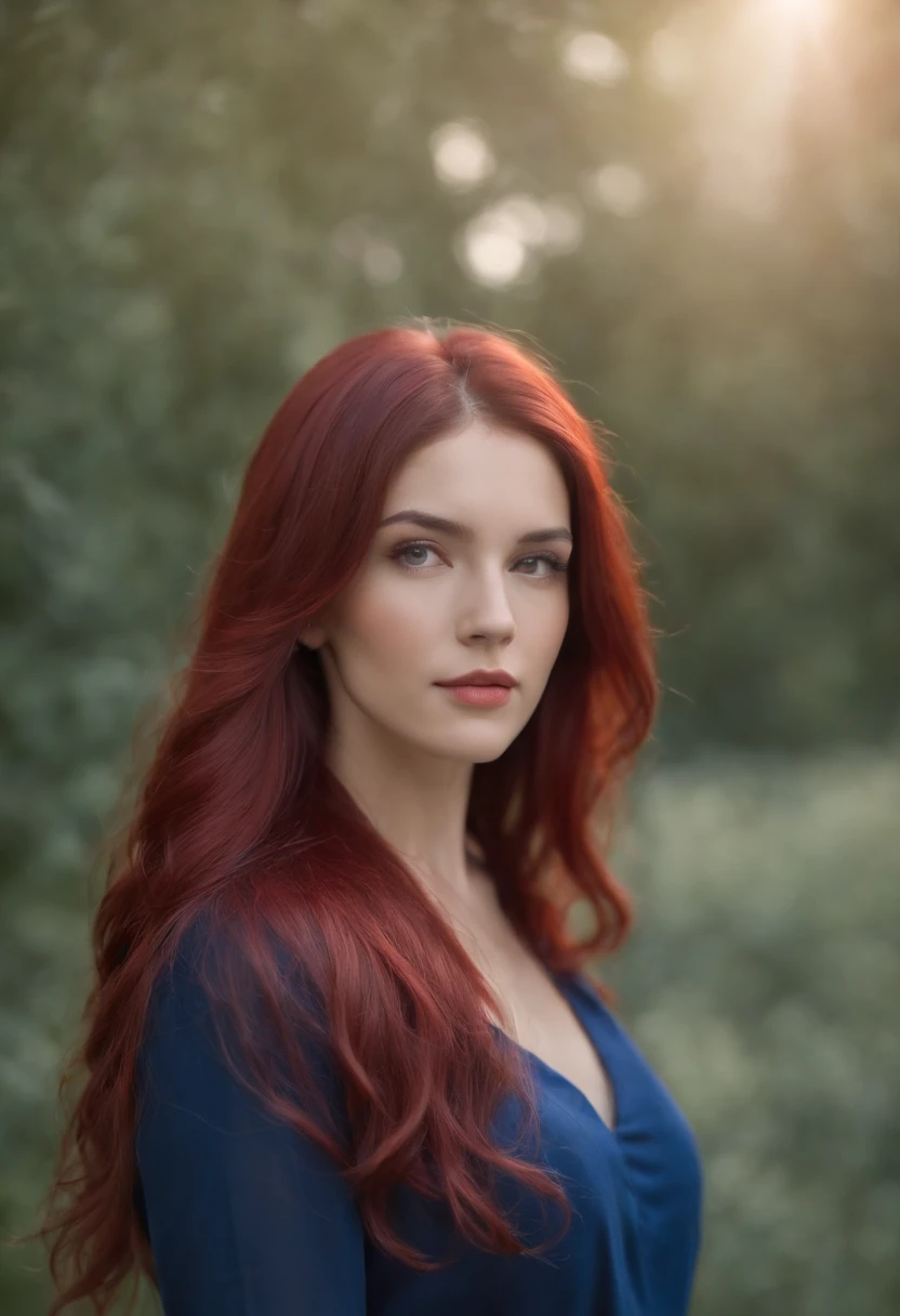 Long hair red woman, Navy blue clothes,  basic background, fully body photo.