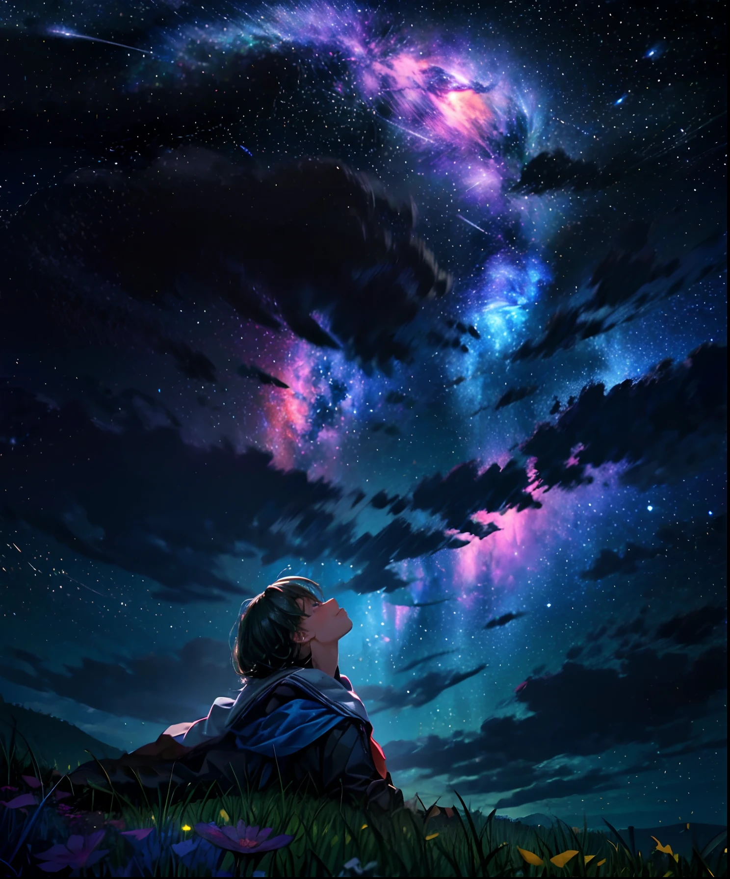 Describe a scene where a cute girl character is lying on a grassy hill, Looking up at the starry sky. Surround her with colorful nebulae and her favorite constellations.