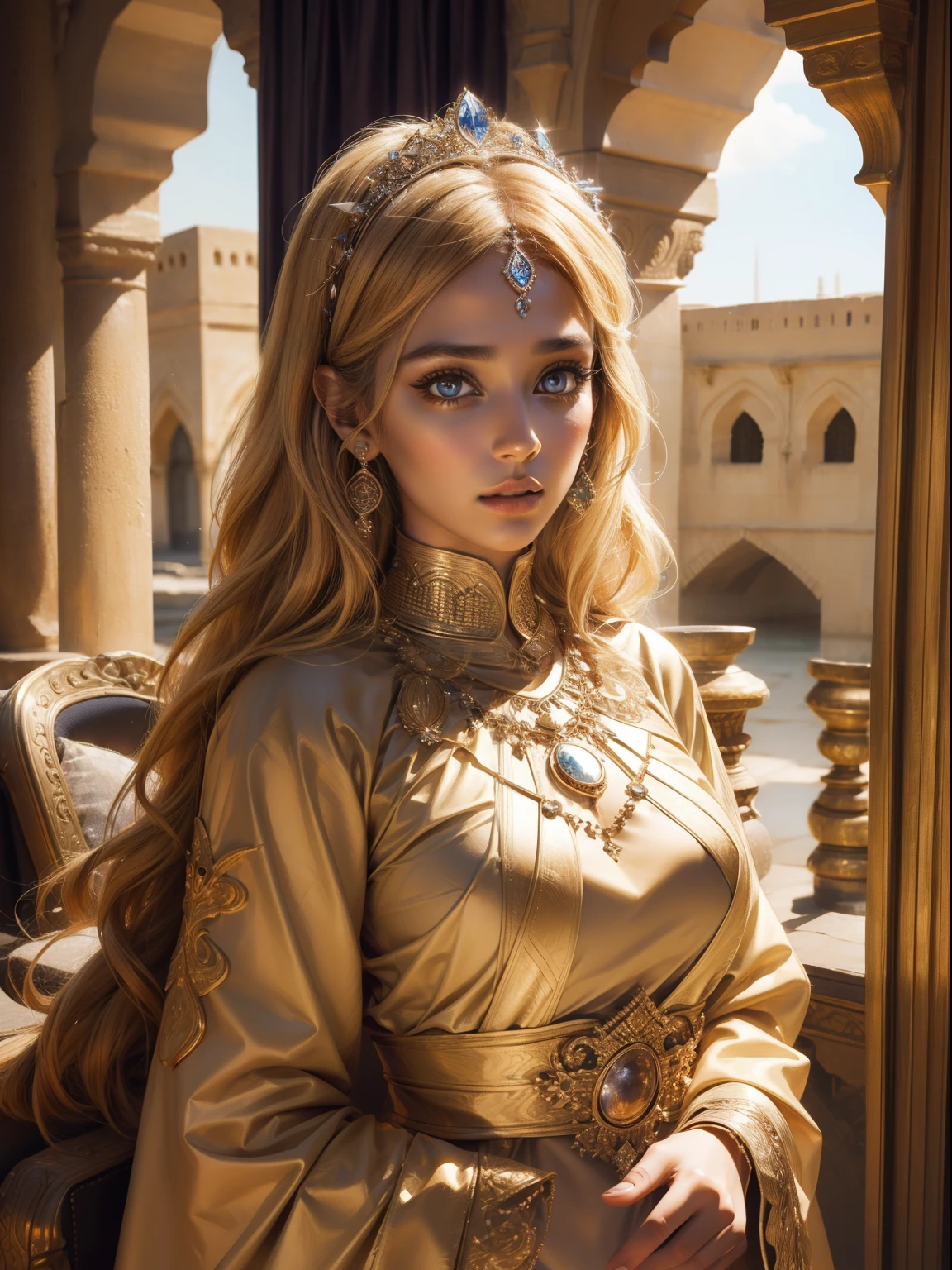 Very Beautiful princesse glowing eyes face portrait zoom sexy face sexy eyes crystal clear bright eyes blond hair long islamic caftan marocain wear style hyper realistic super detailed Dynamic shot master piece scene