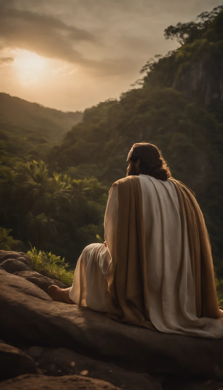 Jesus sitting on a rock looking out over the jungle - SeaArt AI