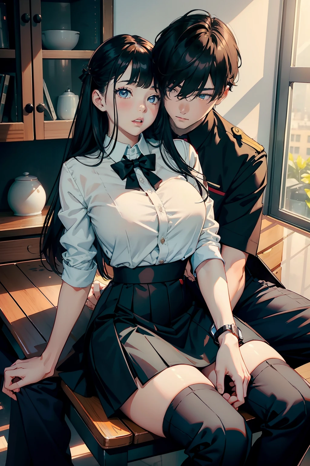 top-quality　​masterpiece　Male and female couples　Girl sitting on a chair wearing a tight skirt over a blouse。Boys hugging each other from behind。Boys wearing high school long pants uniforms with mash cut hairstyles。Without glasses、Revenge relationship, hot kids, sexy girl, big breasts, hot boys