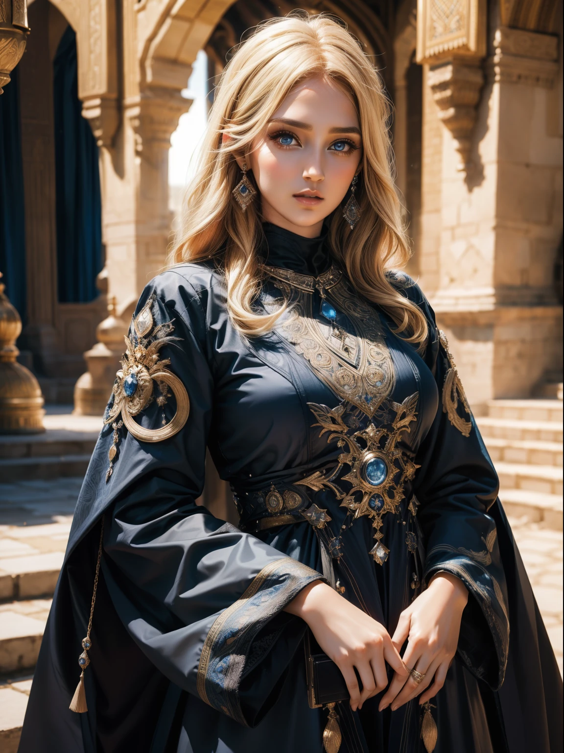 Very beautiful princess bright eyes european face portrait zoom sexy face sexy crystalline eyes light blond hair long islamic caftan moroccan blue and black wear style hyper realistic super detailed dynamic shot centerpiece scene