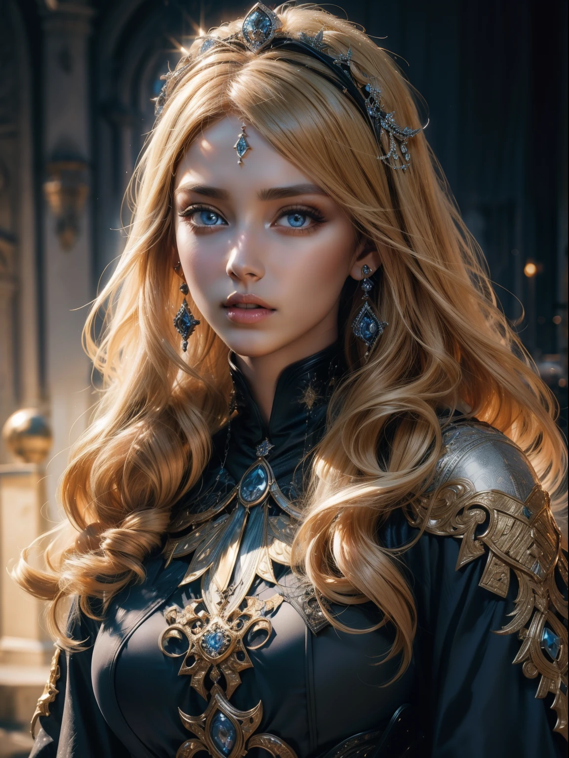 Very beautiful princess bright eyes european face portrait zoom sexy sexy sexy crystalline eyes light blonde hair long islamic caftan moroccan blue and black wear hyper realistic style super detailed dynamic shot centerpiece scene