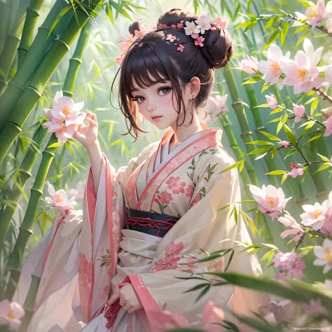 In a garden full of peach blossoms,(Masterpiece peach blossom),Peach blossoms fall,a little lovely kid girl,anatomy correct,wear...