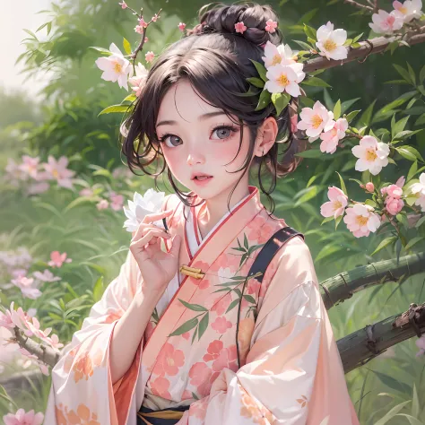In a garden full of peach blossoms,a little lovely kid girl,anatomy correct,wearing a hanfu,Delicate facial features,The skin is...