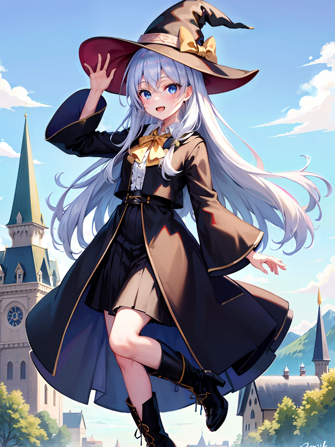 (masterpiece, best quality, highres),, hat, witch hat, solo, long hair, sky, shirt, skirt, cloud, blue eyes, long white hair, witch, smile, black footwear, black headwear, white shirt, sidesaddle, black skirt , robe, neck bowtie, yellow bowtie, looking at viewer, black robe, bow, open robe, hand on headwear, long sleeves, pointy footwear, boots, full body, yellow bow, open clothes, high heels, wide sleeves, :d, collared shirt, bare legs, badge, hair bundle, white hair, standing, fullbody, , Hogwarts castle, (Hogwarts castle patio), Hogwarts background, outdoor, wizard, magic, fantasy