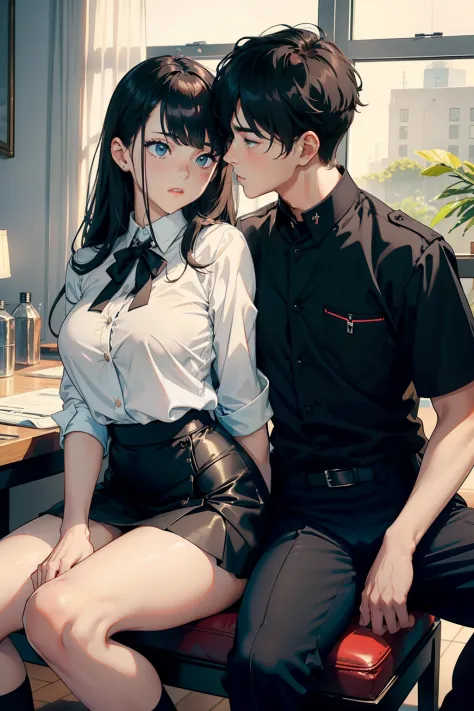 top-quality　​masterpiece　Male and female couples　Girl sitting on a chair wearing a tight skirt over a blouse。Boys hugging each o...