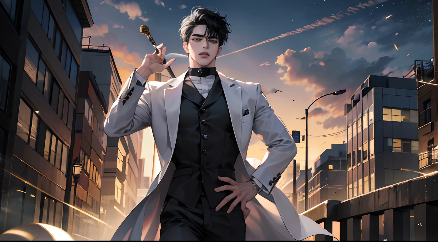 (photo the 8k, Best Quality, Masterpiece: 1.2), (realist, fotorrealist: 1.37) YOUNG, Handsome man, Mark Sir, Got7, White skin, detailed face, bright gray eye, black hair, black suit, bad boy, yakuza, tattoo, smoke cigarette, A night city of gangsters with a backdrop, action pose, skull earring, collar,