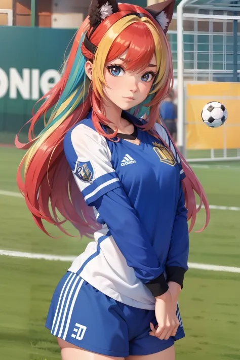 menina anime, uniforme de futebol, cabelo Loiro, heterocromia