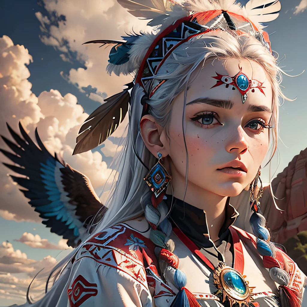 (Best Quality,Ultra-detailed,prismatic effects:1.2),masutepiece:1.2,skyporn, 
(youth) native american, long white hair, While staring at the sky, holding axe, 
Traditional attire, Headdress of feathers,The magnificent Mount Olga, (Ayers Rock),Majestic Eagle, Sunlight