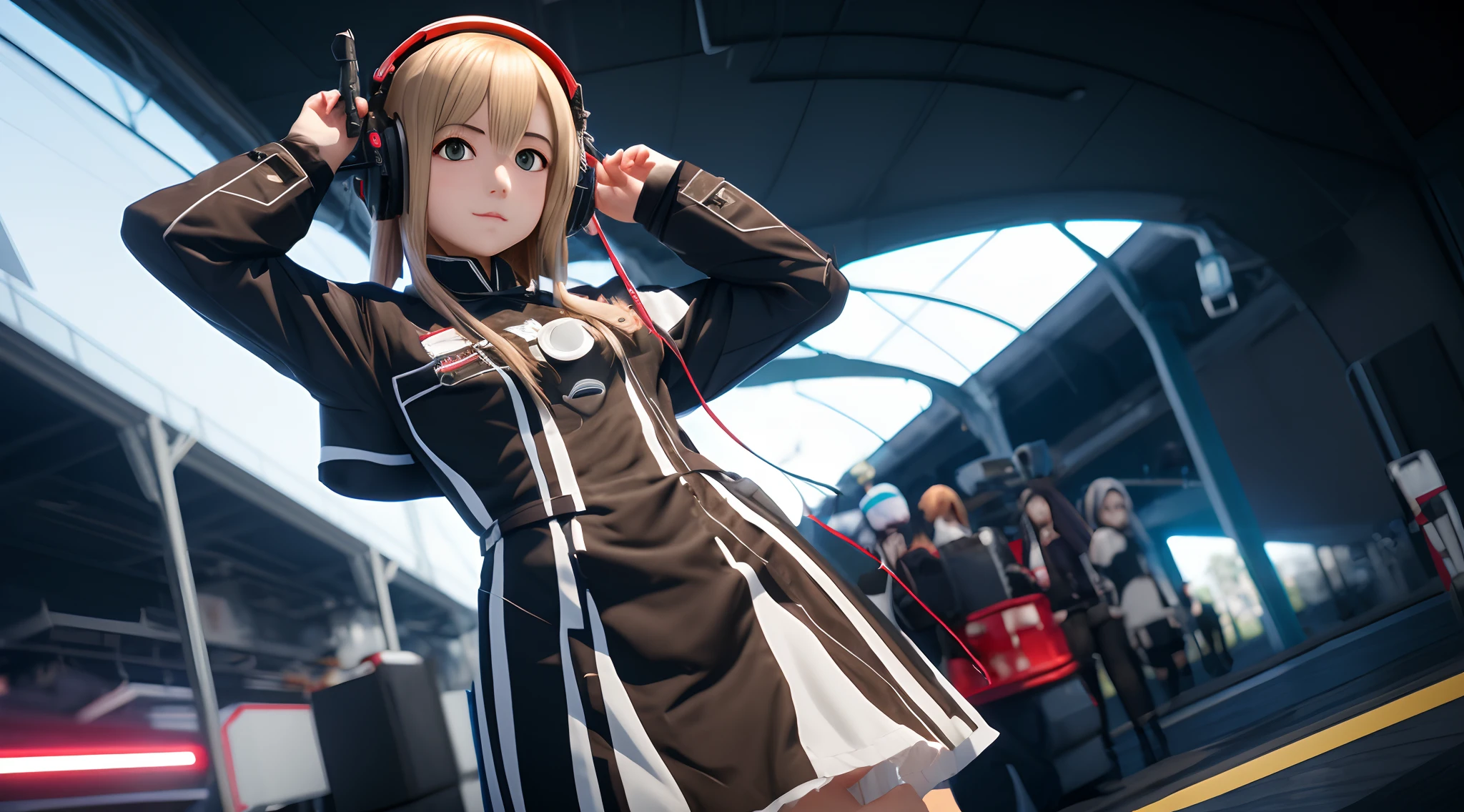 Anime girl in uniform standing in front of a train station - SeaArt AI