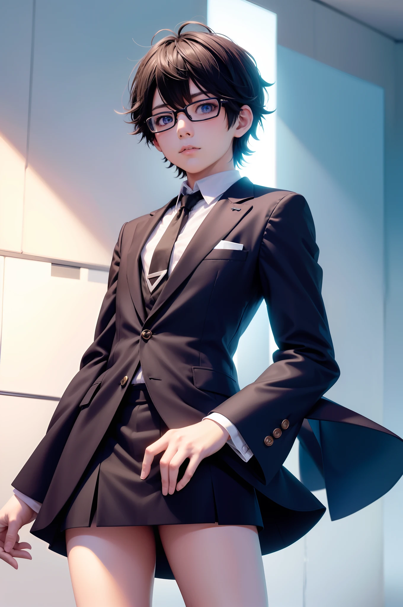 menino anime looking at the camera with glasses and tie, inspirado em Okumura Togyu, estilo de arte anime moe, estilo anime 2d, cara de anime alto com olhos azuis, inspirado em Okumura Masanobu, menino anime, jovem anime homem, feito com estúdio de pintor de anime, [[[[sorrindo maldosamente]]]], com óculos