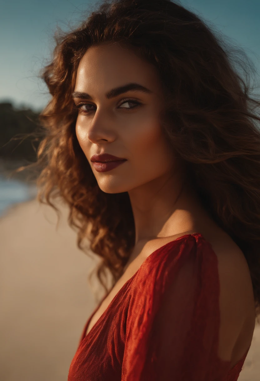 A woman in a red dress standing on a beach next to the ocean - SeaArt AI