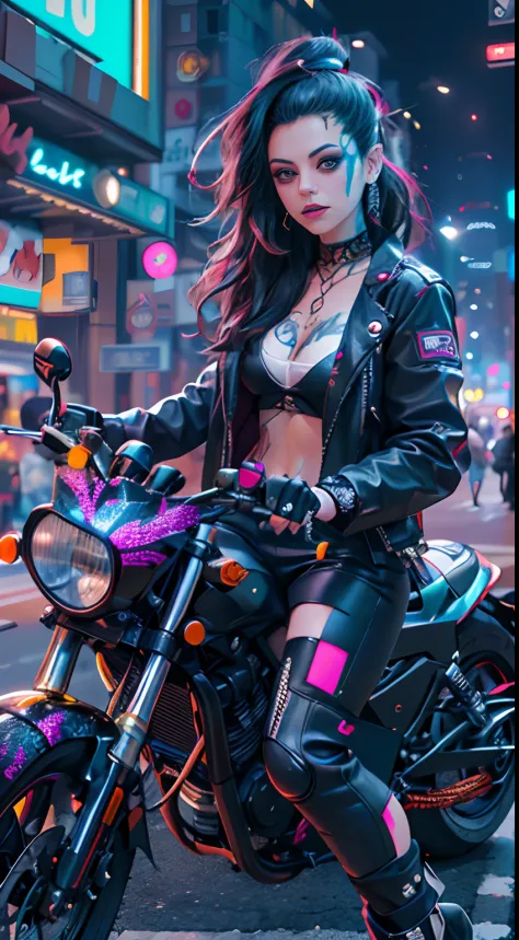 masterpiece, best quality, Confident cyberpunk fairy goth Mila Kunis, full body shot, ((standing in front of motorcycle)), Harajuku-inspired pop outfit, bold colors and patterns, eye-catching accessories, trendy and innovative hairstyle, vibrant makeup, Cy...