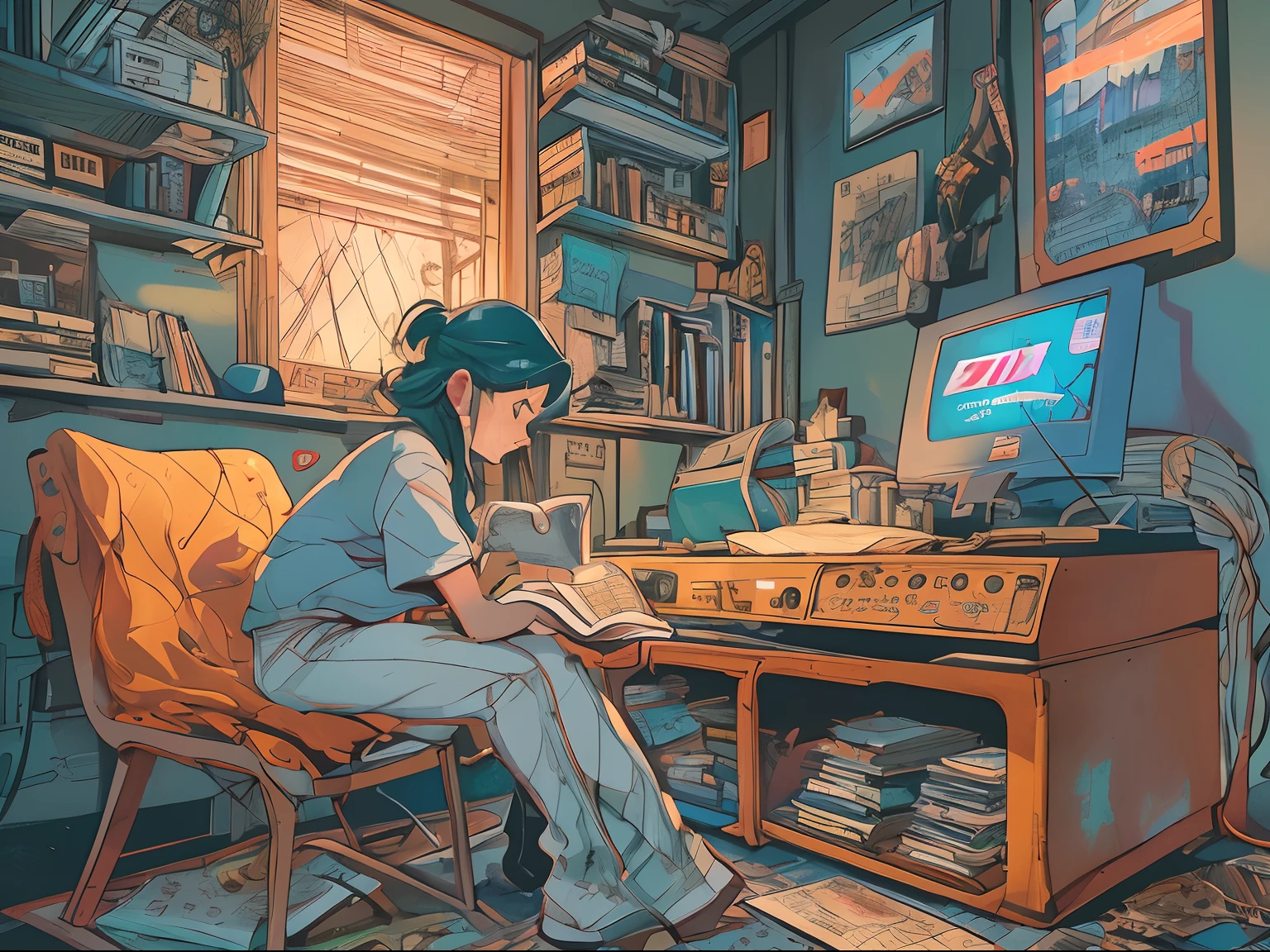 (ZERO), Uma menina estudando sobre a mesa em seu quarto, Ler um livro, usando um fone de ouvido, 1987 materiais interiores, luz noturna, raining outside,analog color theme, Lo-Fi Hip Hop , retro, plano, 2D , desenho simples, Simplifique a arte da linha, desenho a tinta digital, Linha de tinta grande, Aquarela, cor goauche, Estilo Studio Ghibli, Amazing color, Outurn, Synthwave, Arte ZERO,Estilo anos 90,textura antiga, amplitude,Atmosfera dos anos 90,