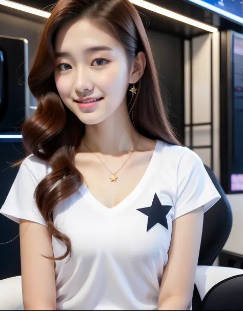 realistic photos of (1 cute Korean star), ringlets, white skin, thin makeup, 32 inch breasts size, slightly smile, wearing v-neck t-shirt, at game center, upper body, 16k