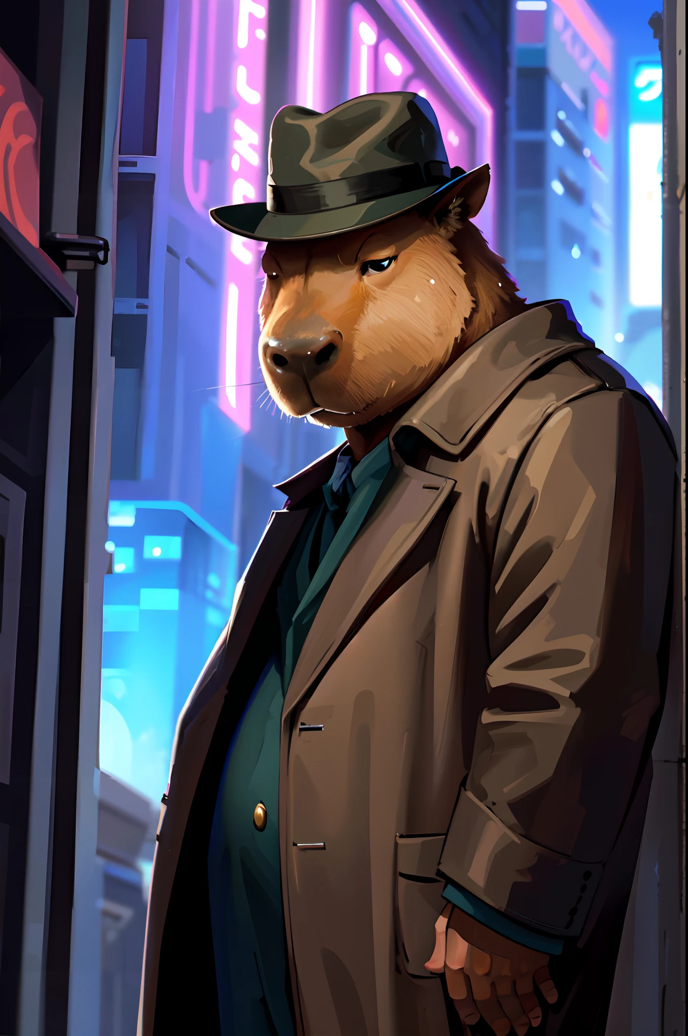 (anime), (solo:1.3); antro, Anthropomorphic humanoid capybara, bipedal chubby capybara, chubby:1.1, big belly:1.2; It's a detective, wearing a hat, wearing a trenchcoat, With his head bowed, Leaning against the wall; ((looking-into-camera)), Pov, (Front view), Standing; a spaceport on top of a building, CYBERPUNK CITY, Spaceships and flying cars in the background, outdoors; (Original character, volumetric lighting, Best Shadows, shallow depth of field, (very high quality, Incredible detail:1.25), (solo:1.3), Bright color paints, Finely detailed fingers, finely detailed hand, perfect_hands, finely detailed eyes, perfect_pupils)