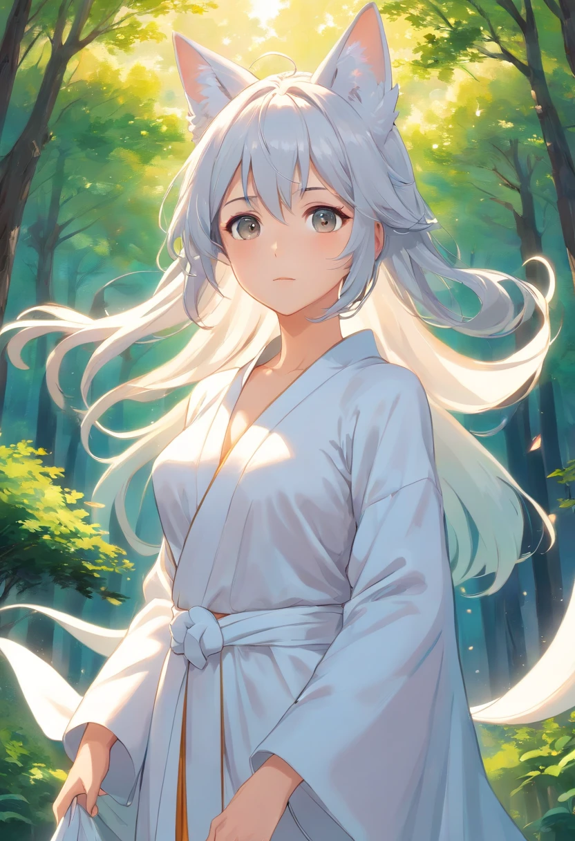 Close-up of a girl in a white dress, White-haired god,  Flowing white robe,flowing magical robe, Nine tails, wearing a long flowing robe，Fox ears，fox demon，highly  detailed，（（tmasterpiece）），（impasto），iintricate，church painting，（（（1个Giant Breast Girl））））Picture frame，fanciful，Exquisite steppe，sorceress woman，Shepherds have gray hair，（Nice face），Beautiful detailed face，Extremely delicate and beautiful girl，Under a big tree，sunny clear sky，ventania，beautiful sky，cumulus cloud