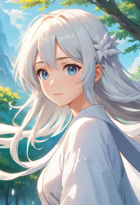Close-up of a girl in a white dress, White-haired god,  Flowing white robe,flowing magical robe, Nine tails, wearing a long flowing robe，Fox ears，fox demon，highly  detailed，（（tmasterpiece）），（impasto），iintricate，church painting，（（（1个Giant Breast Girl））））Pic...
