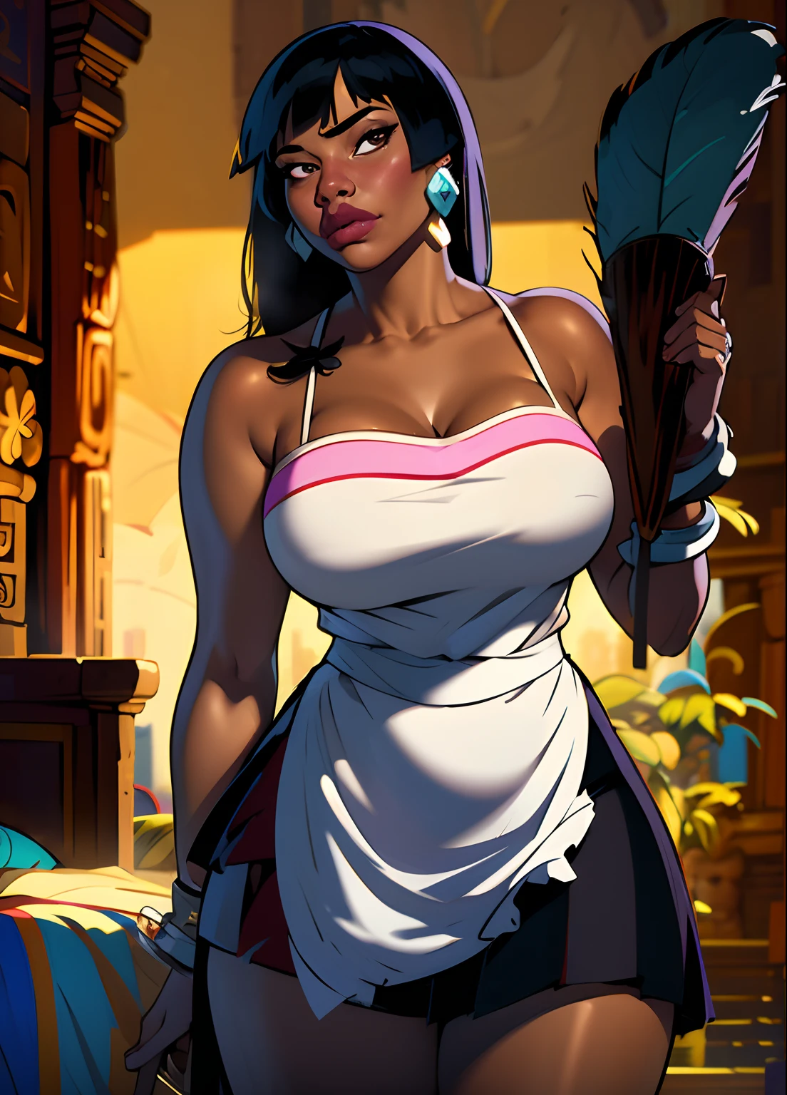 highres, masterpiece, 1girl, chel_eldorado cowboy shot, French maid outfit, short black skirt, whit apron, poofy shoulders, huge breasts, cleavage, feather duster in hand, messy bedroom