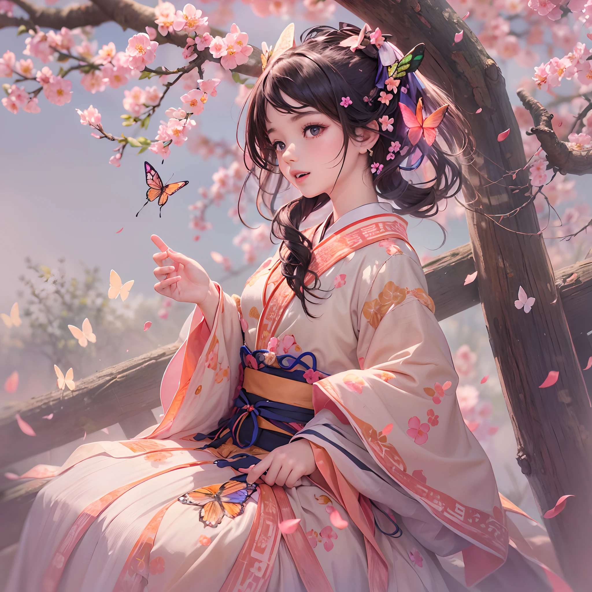 (In a garden full of peach blossoms),(Masterpiece peach blossom),Peach blossoms fall,a little lovely kid girl,anatomy correct,wearing a hanfu,Delicate facial features,The skin is delicate and rosy,Black colored eyes,with short black hair,Tie your hair into a bun,happy laughing,earnest,(Look at a butterfly in the flower:1.4),(tmasterpiece,plethora of colors,Best quality,Cinematic lighting effects),A high resolution,high detal,(illustratio,3Drenderingof)