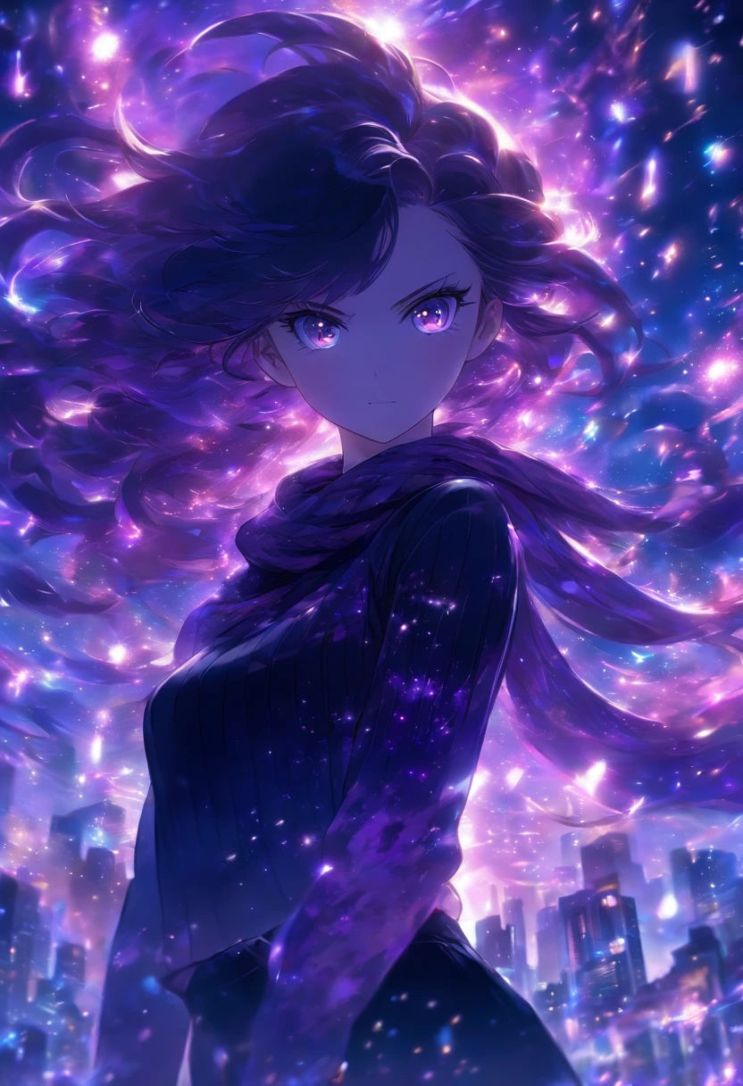 15 years old, 1 girl, black long hair, purple eyes, purple scarf, black sweater, black pants, magestic, purple particles, magical, cute girl, blush, standing, distracted face, breathtaking beauty of a nature background