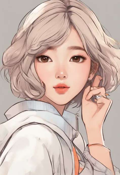 Super pretty 20 year old korean girl with short hair,Right eye wink, Cartoon style illustration, Cartoon Art Style, Cartoon Art Style, Digital illustration style, Highly detailed character design, cute detailed digital art, beautiful digital illustration, ...