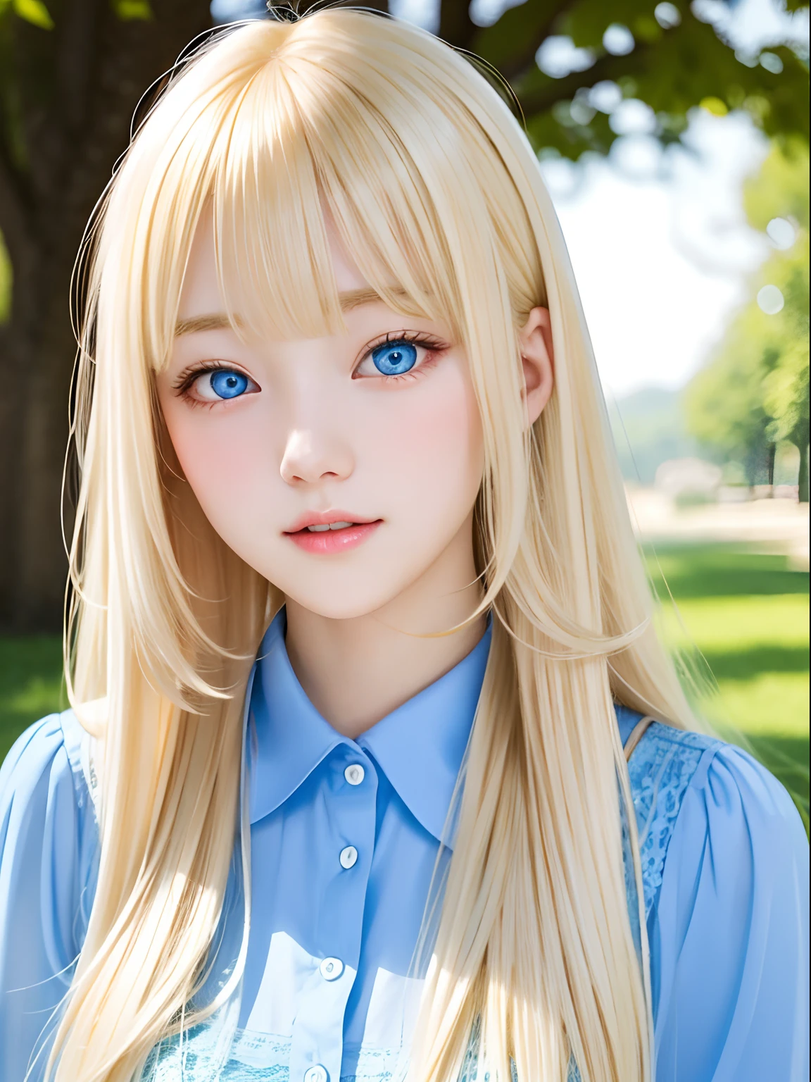 Sexy and cute very beautiful face、shiny blonde silky long hair、long swaying bangs、bright pale blue eyes, Sexy 16 year old cute young woman