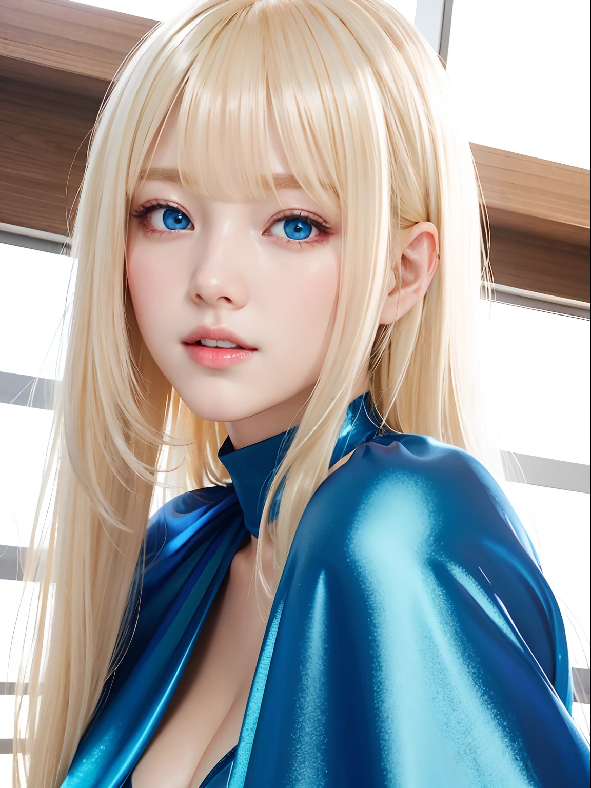 Sexy and cute very beautiful face、shiny blonde silky long hair、long swaying bangs、bright pale blue eyes, Sexy 16 year old cute young woman