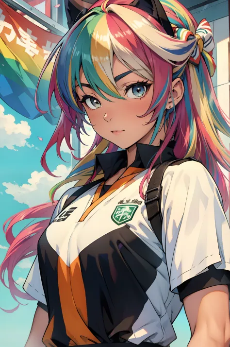 menina anime, uniforme de futebol branco, rainbow hair