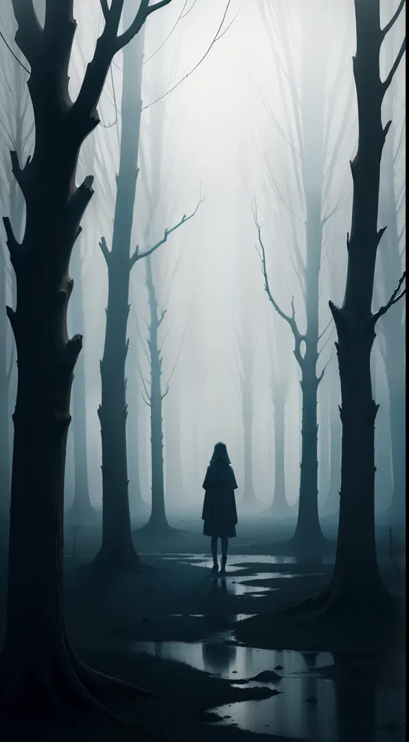 A mysterious girl standing behind a tree at night in the forest - SeaArt AI