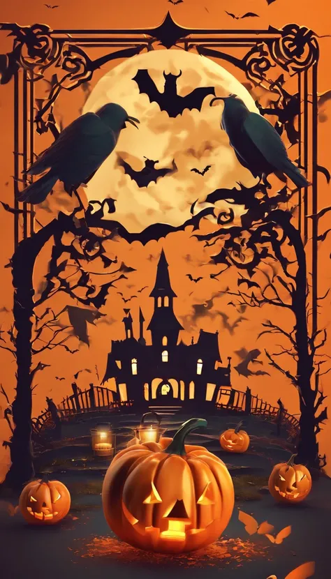 Halloween flyer template with pumpkin and bat, 3 d model，C4D,halloween ...