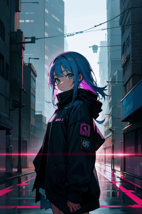 Cute anime girl in a cyberpunk city with multiple layers of city landscape as background, looking at the viewer,
