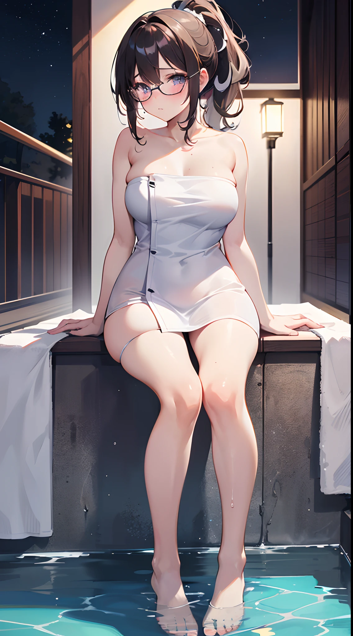 Anime girl sitting on a ledge in a pool with her legs crossed - SeaArt AI