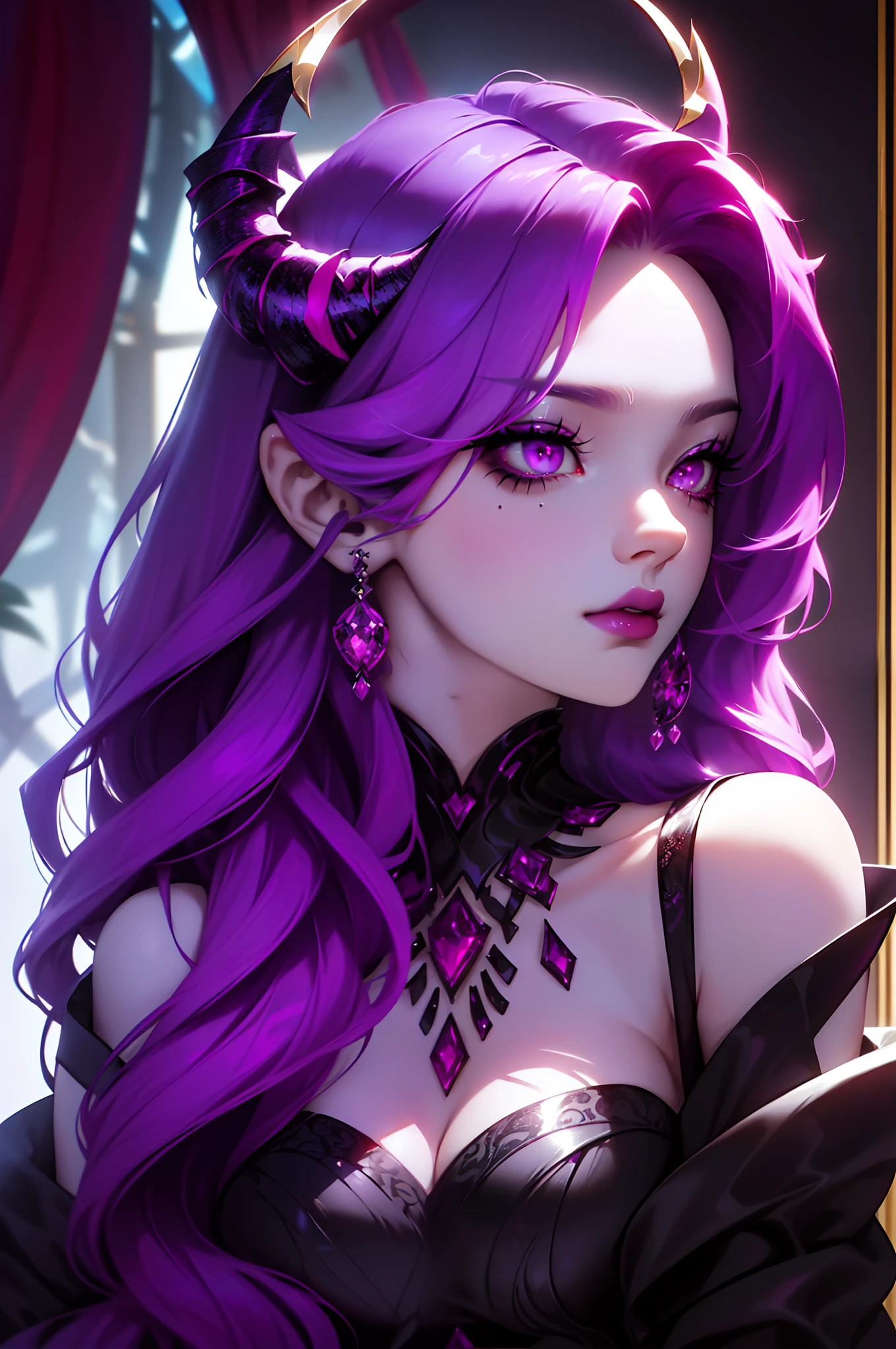 Lilith, the enchanting demon queen. Her presence radiates an aura of dark elegance and power. Render her with flowing, black-to-purple ombre hair that cascades down her back, shimmering with an otherworldly luster. Her skin, a striking shade of gray, adds an air of mystery to her appearance. Lilith's horns, perfectly symmetrical, frame her regal face with an intricate and alluring design. While she lacks a crown, her inherent majesty is undeniable. She has ombre purple eyes, her pupils slit. As she stands in her dark realm, summoning her black magic powers, capture the essence of her commanding presence and the enigmatic allure that defines this captivating demon queen.