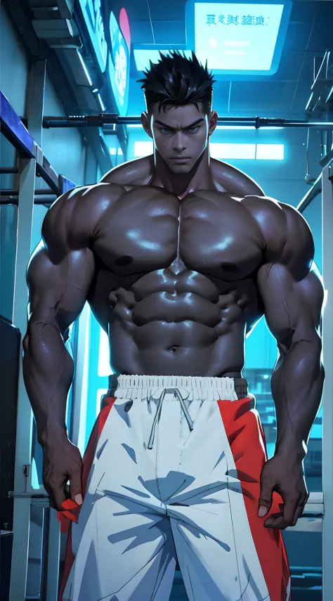 there is a man with a muscular body standing in a gym, a character portrait inspired by Yanjun Cheng, pixiv, digital art, super buff and cool, muscular character, anime handsome man, lean but muscular, handsome anime pose, muscular! cyberpunk, a muscular, ...