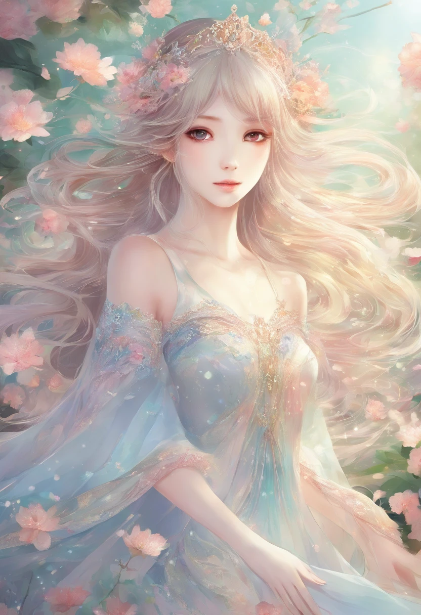 sparkling princess,fairy-like, ethereal,enchanted garden,beautiful detailed eyes, delicate complexion,silky flowing hair,flowing dress with intricate embroidery,graceful posture,magical light illuminating the scene,soft pastel colors, dreamy atmosphere