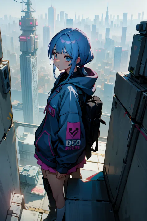 Cute anime girl in cyberpunk city，Set against a multi-level cityscape, looking at viewert,Packaging with details，natta