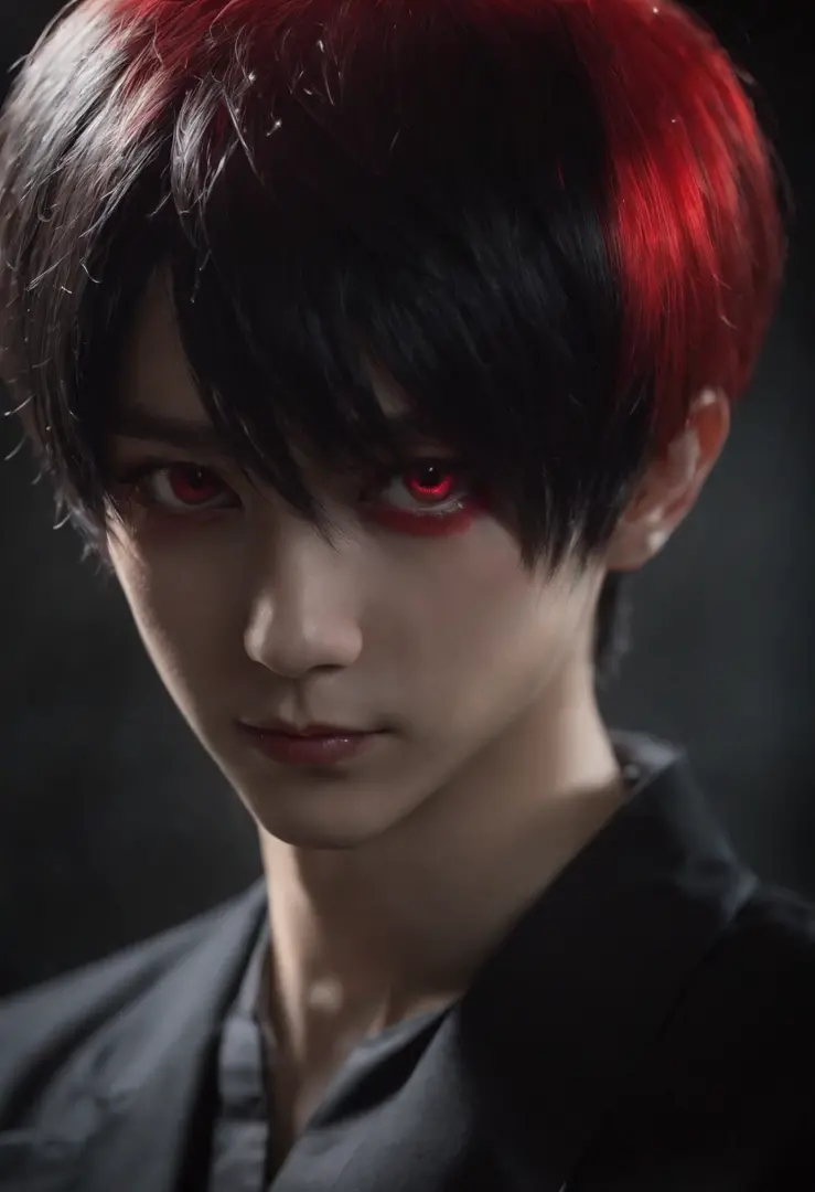 Kaneki Ken inspirou personagem com um olho vermelho, Em um fundo escuro neutro, Duas cores de cabelo vermelho e preto