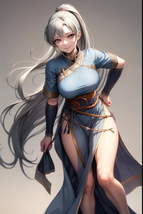 masterpiece, best quality, defaultlyn, gray hair, gray eyes, blue dress, pelvic curtain, sash, portrait, standing, looking at vi...