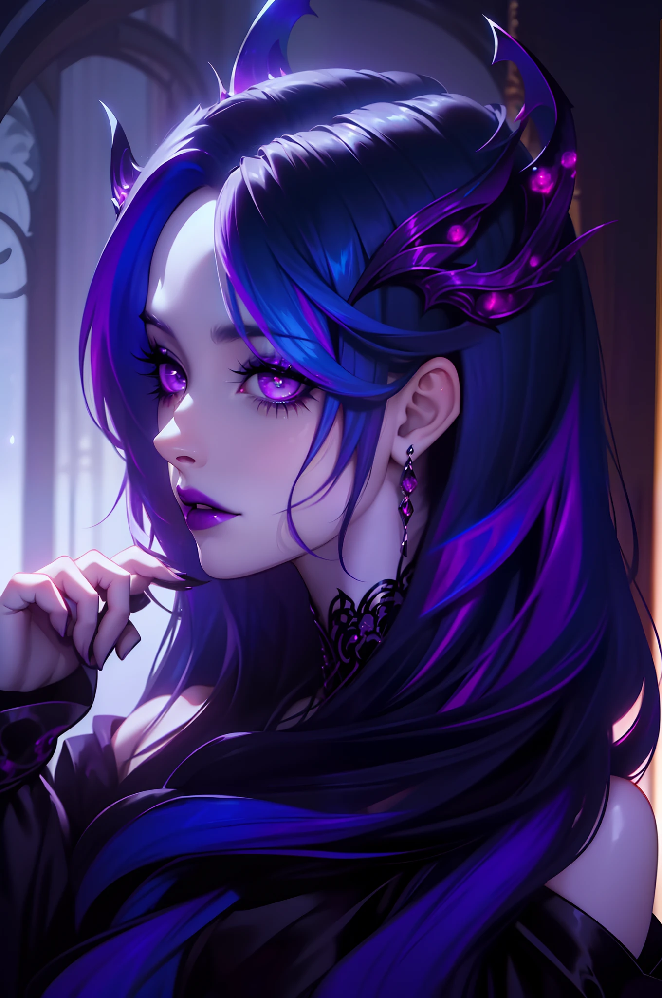 Lilith, a encantadora rainha demônio. Sua presença irradia uma aura de elegância e poder sombrios. Renderize-a com fluidez, cabelo ombre preto a roxo que cai em cascata pelas costas, brilhando com um brilho sobrenatural. a pele dela, um tom marcante de cinza, adiciona um ar de mistério à sua aparência. Os chifres de Lilith, perfeitamente simétrico, emoldure seu rosto majestoso com um design complexo e atraente. Enquanto ela não tem uma coroa, sua majestade inerente é inegável. Ela tem olhos roxos ombre, suas pupilas se abriram. Enquanto ela está em seu reino sombrio, invocando seus poderes de magia negra, capture a essência de sua presença imponente e o fascínio enigmático que define esta cativante rainha demoníaca.