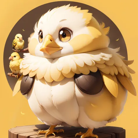Chick、birdie、Yellow all over、round head、Round body、Round character design、illustratio、friendly、adorable eyes、fluffy plumage