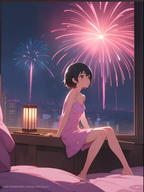 1girl, camisole, navel, sitting, from side, (( in pink bedroom)), dark environtment, big window open at fireworks, city backgrou...