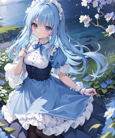 (​masterpiece、top-quality)、Field of blue plants and flowers、light blue hair of medium length,、Warm moonlight、blurred foreground、...