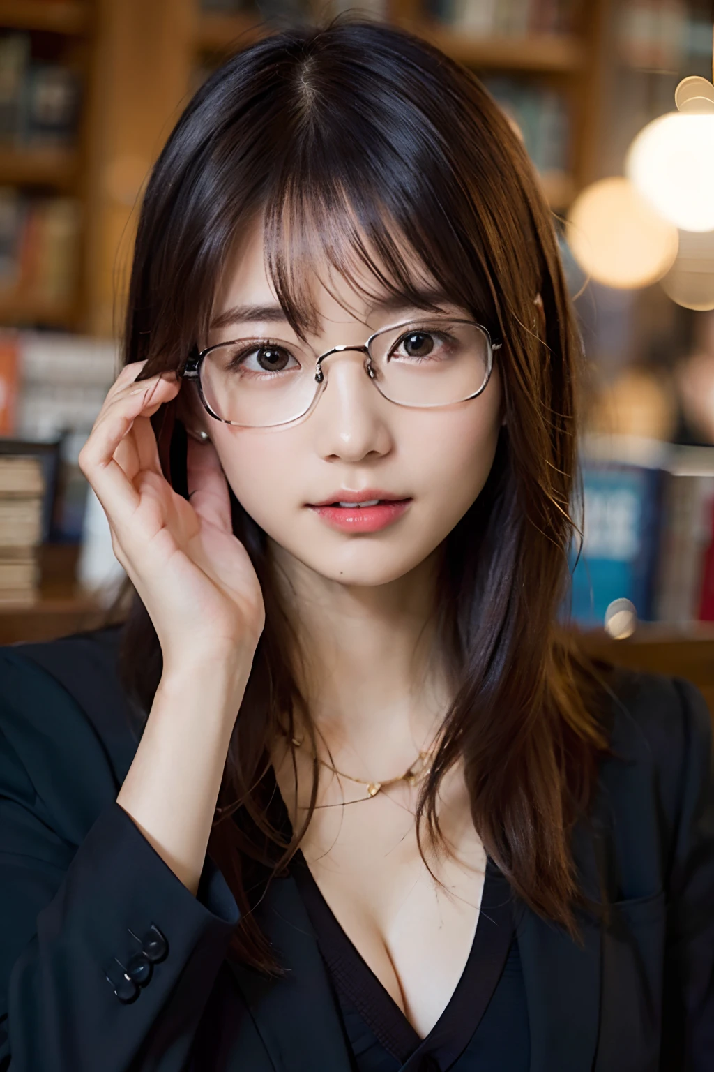 (8K、Raw photography、top-quality、​masterpiece:1.2)、(realisitic、Photorealsitic:1.37)、ultra-detailliert、超A high resolution、1 girl of 20 years、see the beholder、beautifull detailed face、A smile with a little visible teeth、Constriction、(Slim waist) :1.3)、((Wearing a suit))、Beautiful detailed skin、Skin Texture、Floating hair、((Ties hair into one))、large breasts with good shape、Professional Lighting、Autumn twilight、book library、(((Black square glasses )))、Whole human body、Black hair、((Shameful appearance))、Holding a book、