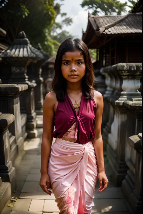 a Balinese girl praying in a pura temple,
