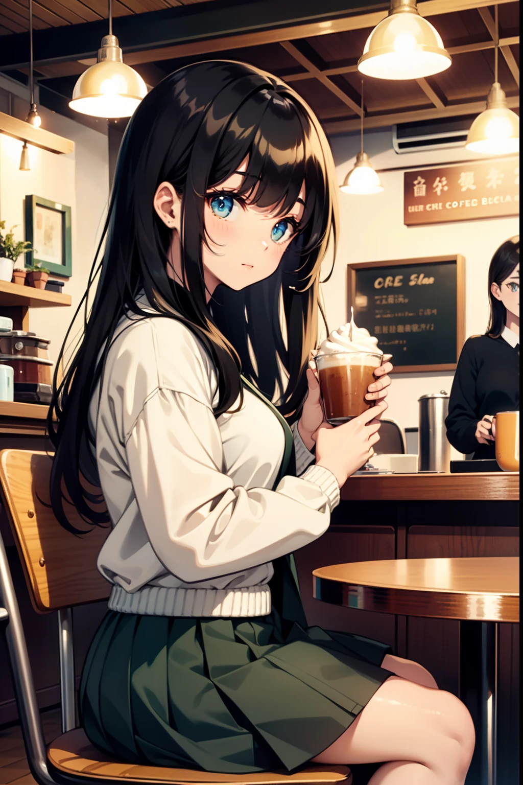 Anime girl sitting at a table with a cup of coffee - SeaArt AI