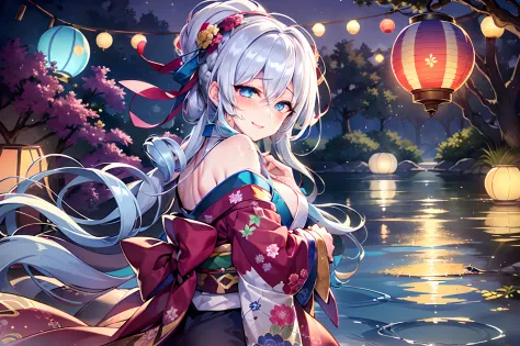 1girl in, breastsout, a moon, paper lanterns, natta, 独奏,, hair adornments,  Kimono, Komono, playing in the water, Eau, Hair Flow...