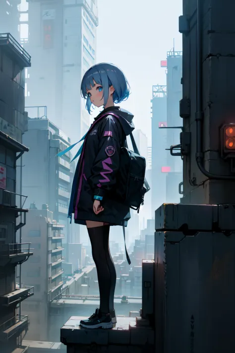 Cute anime girl in cyberpunk city，Set against a multi-level cityscape, looking at viewert,pack with detail